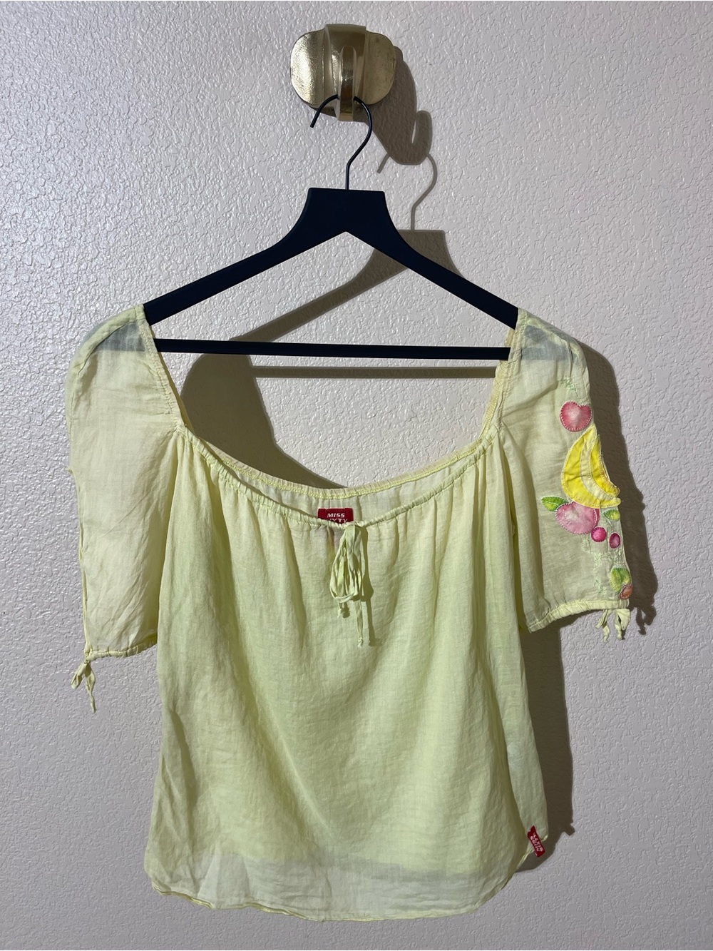 Miss Sixty Pale Yellow Peasant Blouse with Embroidered Sleeve